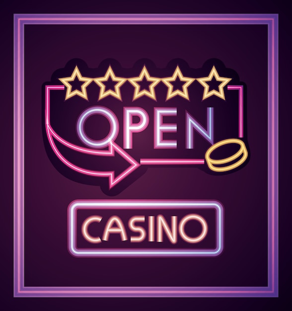 Vector casino, open board stars neon sign on brick wall