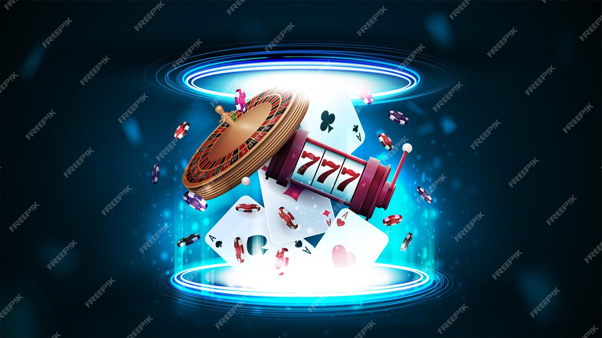 Premium Vector | Casino playing cards casino roulette slot machine and  poker chips inside blue portal made of digital rings in dark empty scene