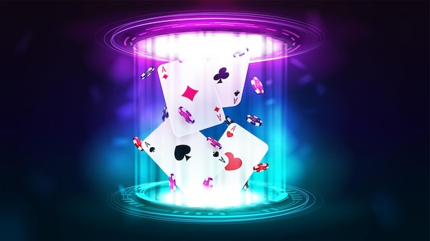 Carte da gioco del casinò con fiches da poker all'interno dell'ologramma rosa e blu di anelli digitali in una scena vuota e scura