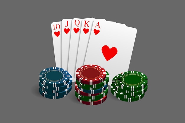 Casinò e fiches da poker combinate con una mano di scala reale. illustrazione vettoriale in uno stile realistico.