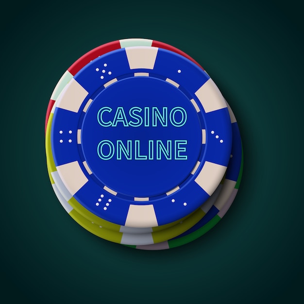 Fiches da poker casinò su sfondo blu scuro. casinò online, poster del blackjack.