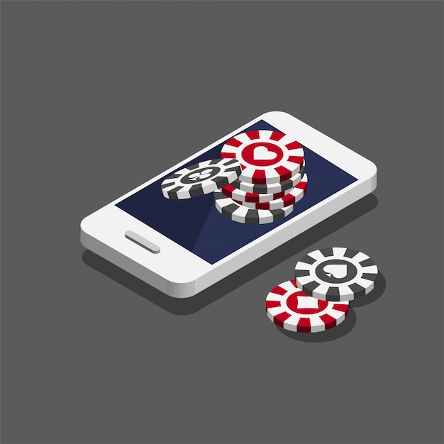 スマートフォンのカジノポーカーチップ。トレンディなアイソメ図スタイルのオンラインカジノのコンセプトです。