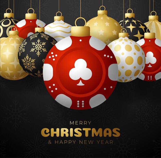 Casino poker christmas card set merry christmas sport greeting card hang on a thread casino poker red chip as a xmas ball and golden bauble on black background