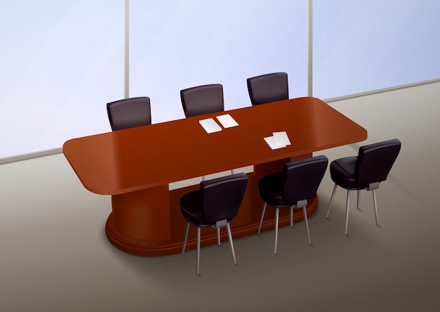 Вектор Реалистичный интерьер казино в модном дизайне с деревянным столом для игр и шестью стульями.