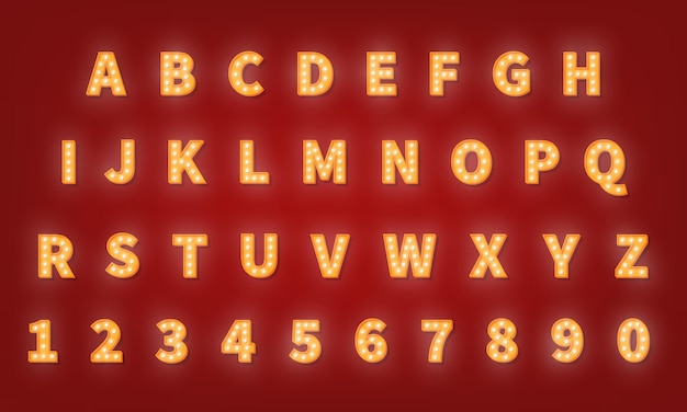 Casino retro gouden typografie lettertype. gloeilamp alfabet