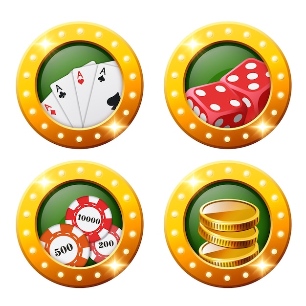 Casino ronde 3D-iconen Casino-element in gouden frame met gloeilampen Vector clipart