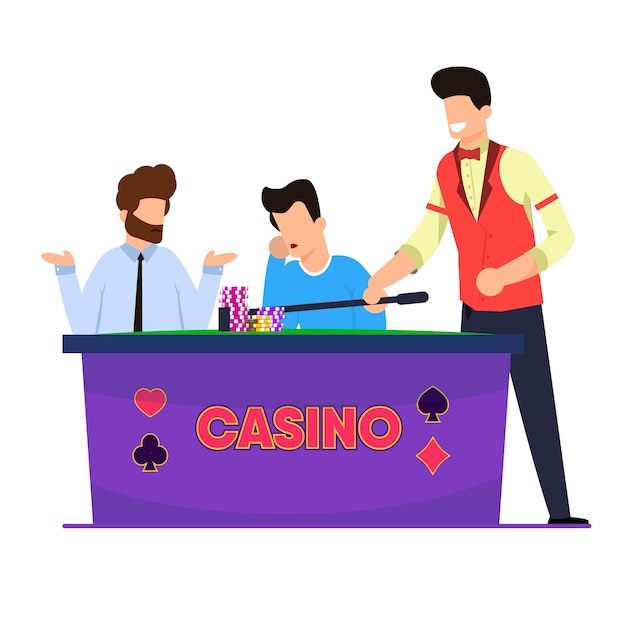 Vettore illustrazione del gioco della roulette del casinò. gli uomini giocano e perdono la roulette.