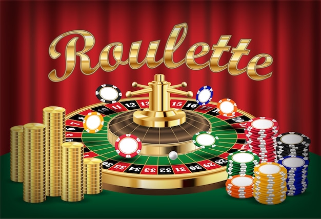 Casino roulette met stapel van munt en casineschip