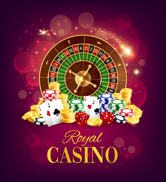 Vector casino roulette wheel, golden coins and chips