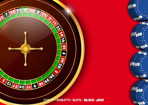 Casino roulette wheel with blue casino chips on red table