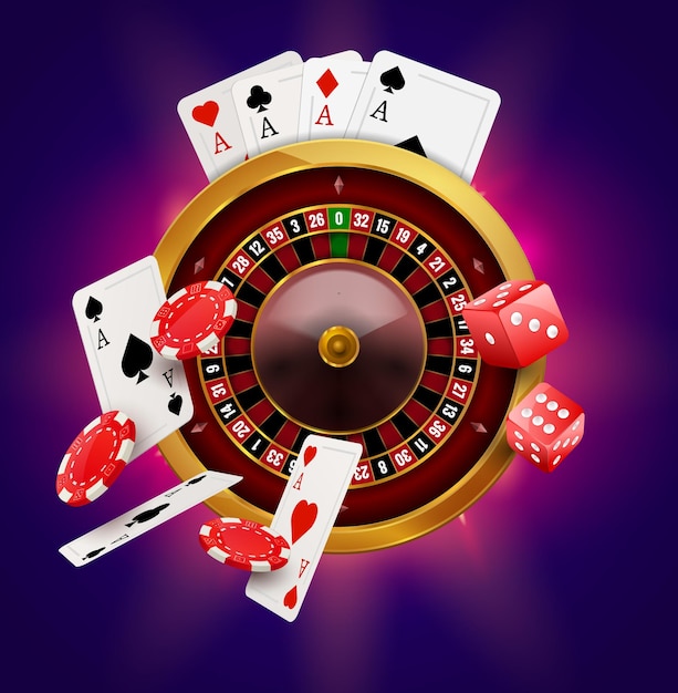 Vector casino roulette with chips, coins and red dice realistic gambling poster banner. casino vegas fortune roulette wheel design flyer.