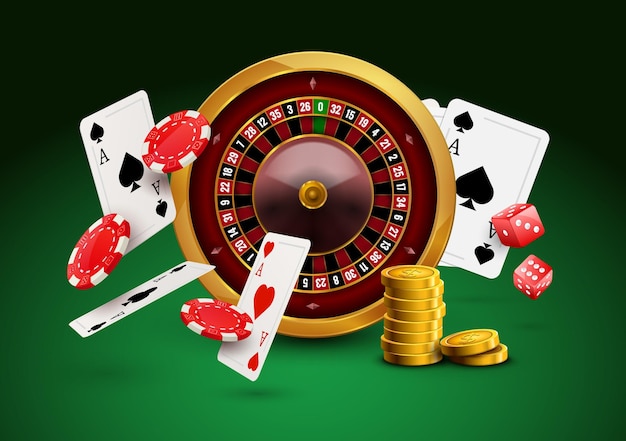 Casino roulette with chips, red dice realistic gambling poster banner. casino vegas fortune roulette wheel design flyer.