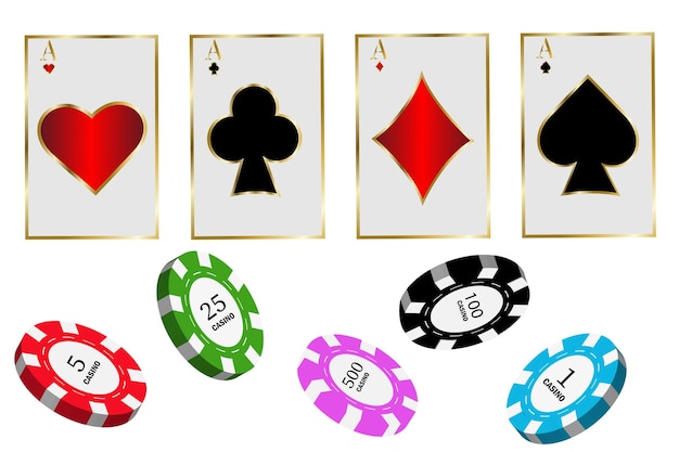 Vector casino set of four aces in gold design with colored playing chips for gambling and casino