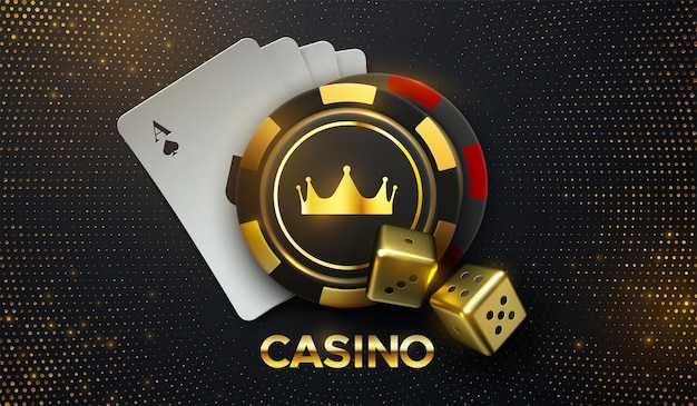 Casino sing of playing cards and gambling chips with golden crown and dices  with bursting glitters