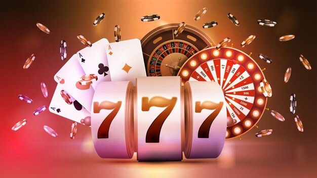 Casino slot machine wheel fortune roulette wheel poker chips and playing cards in orange scene casino poster for your arts