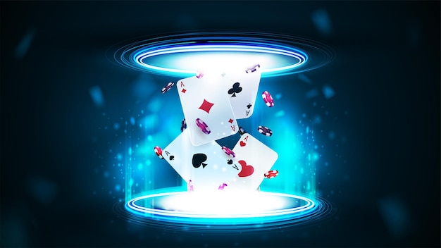 Casino speelkaarten met pokerfiches in blauwe portal gemaakt van digitale ringen in donkere lege scène
