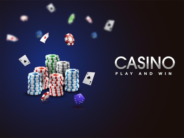 Casino spelen en winnen posterontwerp met 3d-casinochipstapel, vliegende speelkaarten, dobbelstenen op blauwe en zwarte achtergrond.