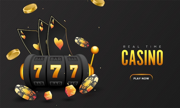 Casino time banner design con slot machine 3d, carte asso, dadi, fiches da poker e monete d'oro su sfondo nero.