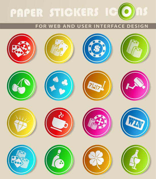 Casino vector icons on colored paper stickers