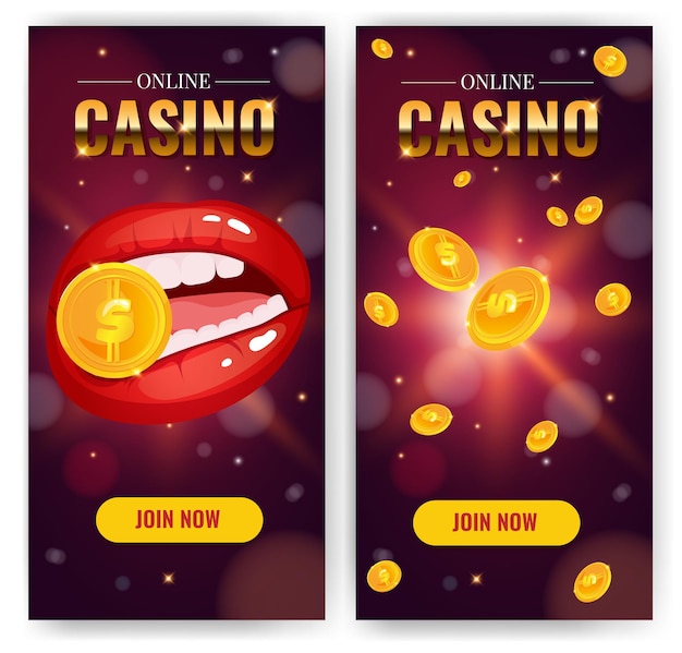 Casino verticale banner set met lippen en gouden munten