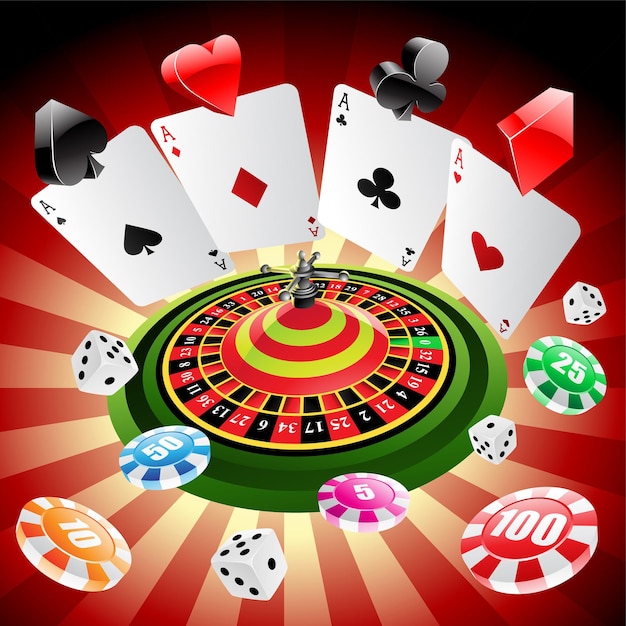 Casino with Playing Cards Roulette Chips and Dices