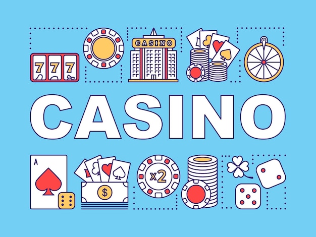 Casino word concepts banner. gambling. games of chance. roulette, poker, slot machine. presentation, website. isolated lettering typography idea with linear icons. vector outline illustration