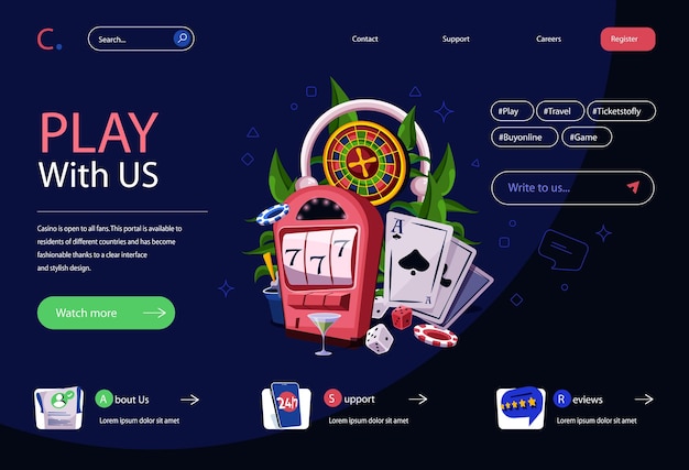 Vector casinoconcept in plat cartoonontwerp voor homepage-indeling online poker en gokken gokautomaat jackpot winnende roulette dobbelstenen en kaartspellen vectorillustratie voor bestemmingspagina en webbanner