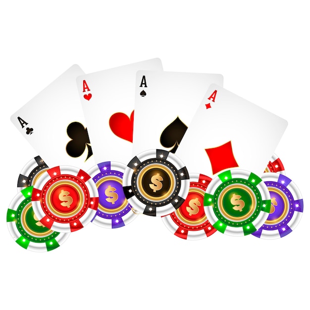 Casinospelchips en vier aaskaarten van verschillende kleuren