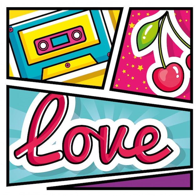 Cassette muziek met kersen en liefde belettering pop-art stijl