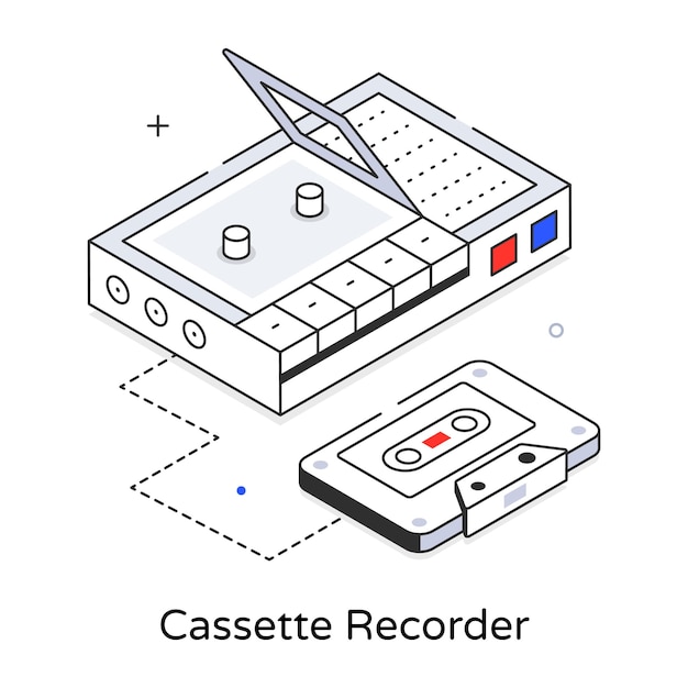 A cassette recorder is shown with a black line drawing of a tape recorder.