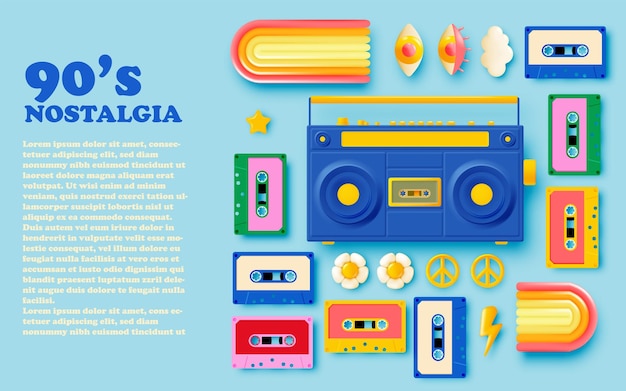 Cassette tape and boom box radio with 90's nostalgia concept theme bannner or vector illustration background in pastel colorful scheme