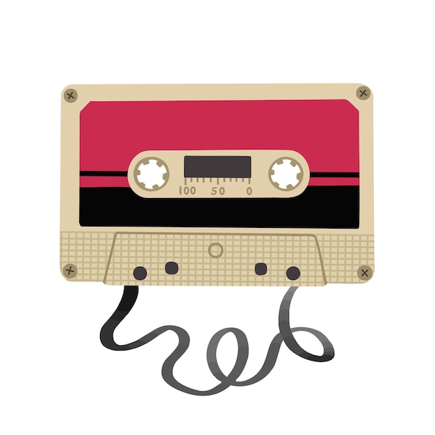 Cassette voor speler met afgewikkelde tape Handgetekende illustratie