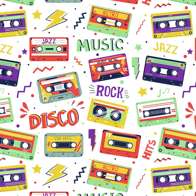 Cassettepatroon 90s 80s en 70s retro muziek naadloze textuur Popart grafische sjabloon oude geluidsopname bliksem en gebogen lijnen Vector rock muzikale achtergrond voor textiel en behang