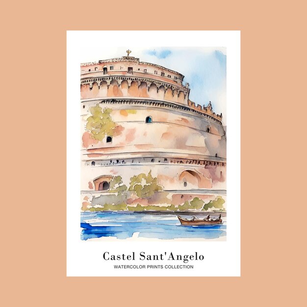 Vector castel sant039angelo italy watercolor painting printable poster