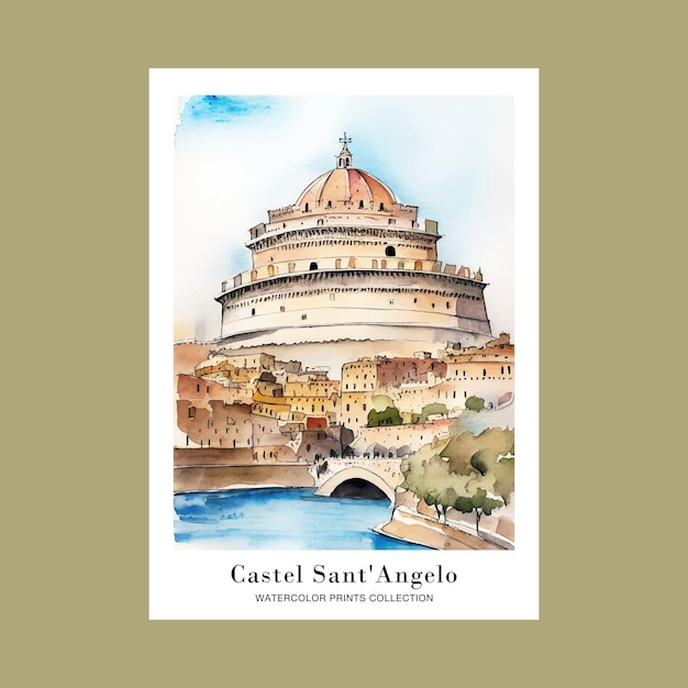 Кастель Сант-039Ангело Италия Акварель живопись печатный плакат