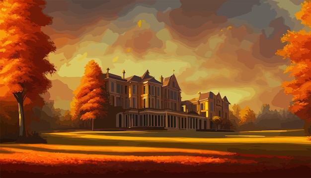 Castle on a beautiful autumn day concept art landscape vector illustration