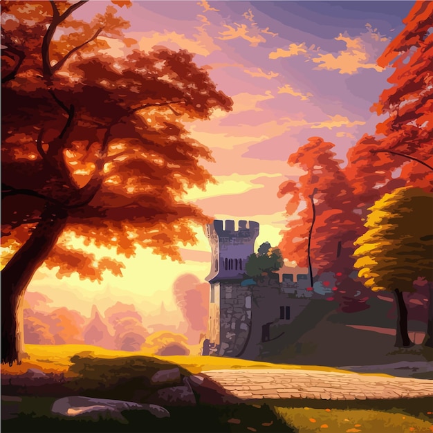 Vettore castello in una bella giornata autunnale concept art paesaggio illustrazione vettoriale