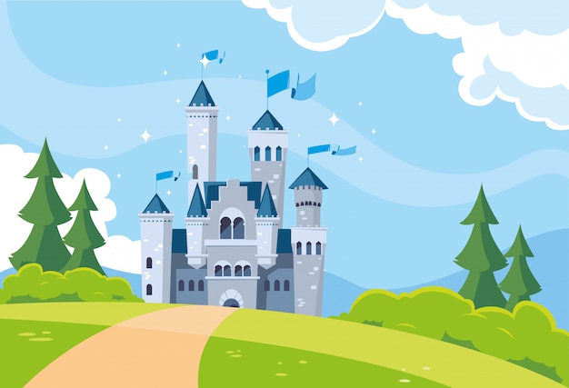 Vector castle building fairytale in mountainous landscape