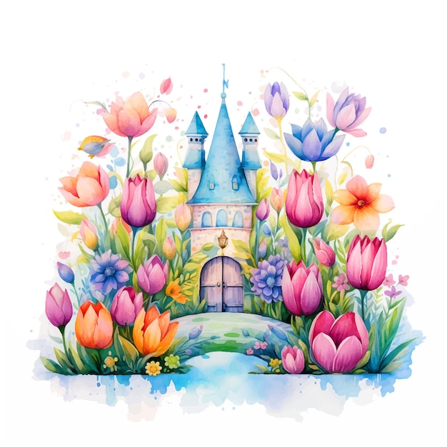Castle in flowers watercolor paint