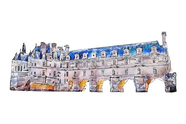 Вектор Замок франция акварель рисованной иллюстрации, изолированные на белом фоне