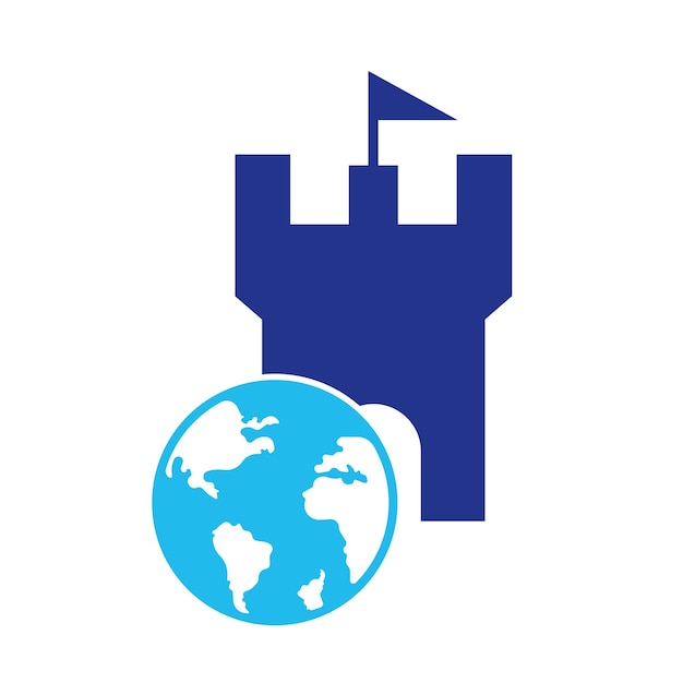 Дизайн векторного логотипа замка земного шара Уникальная крепость и шаблон дизайна логотипа земного шара