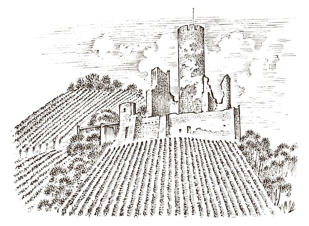 Castello su una collina paesaggio antico per l'etichetta schizzo disegnato a mano inciso in stile vittoriano vintage viaggio in europa verso l'edificio storico fortezza delle fiabe o palazzo signorile