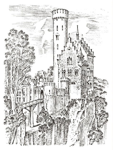 Castle on a hill Ancient Landscape for the label Engraved Hand drawn sketch in vintage victorian style Travel to Europe to the historic building Fairy Tale Fortress or palace mansion house