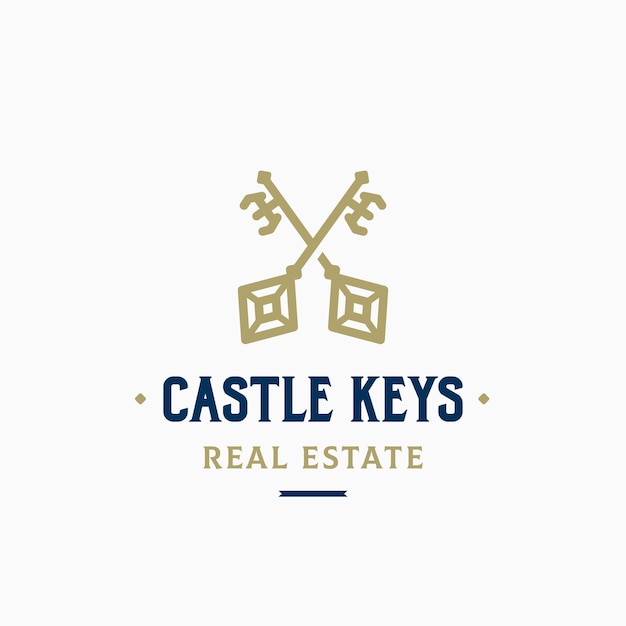 Castle Keys Abstract Vector Sign Symbol or Logo Template Crossed Keys Sillhouettes with Classy Retro Typography Real Estate Vintage Vector Emblem