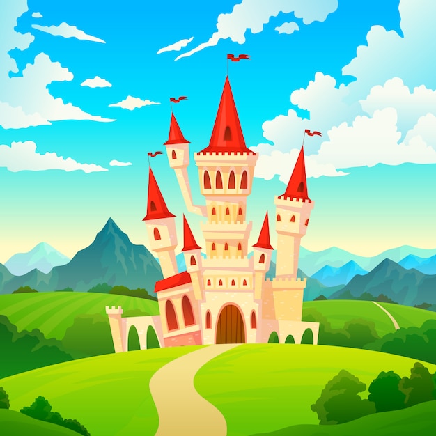 Castle landscape. palace fairytale kingdom magical towers medieval mansion castles