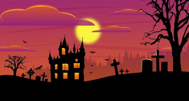 Castle in the middle of the haunted forest moonset Free Vector