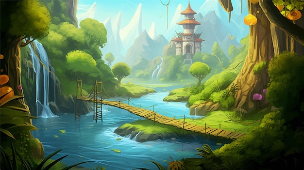 Vector a castle in the middle of a river forest game background mushroom