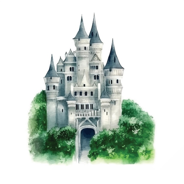 Castle in nature watercolor paint