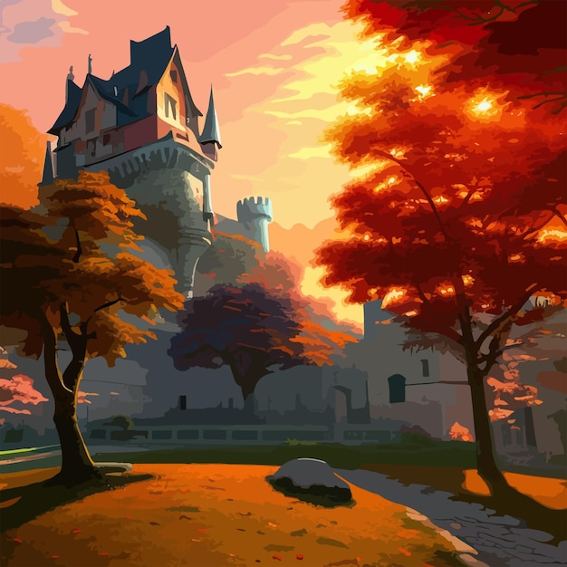 Вектор Замок в красивый осенний день концепт-арт пейзажная векторная иллюстрация