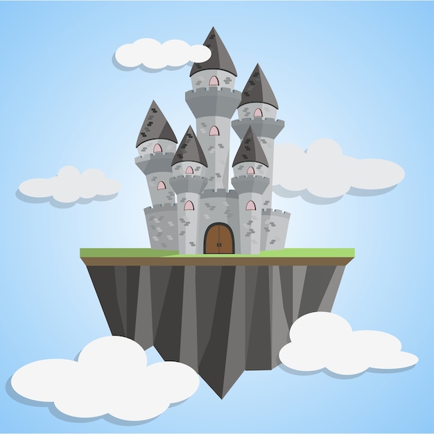 Замок на плавающей земле среди облаков, векторная иллюстрация
